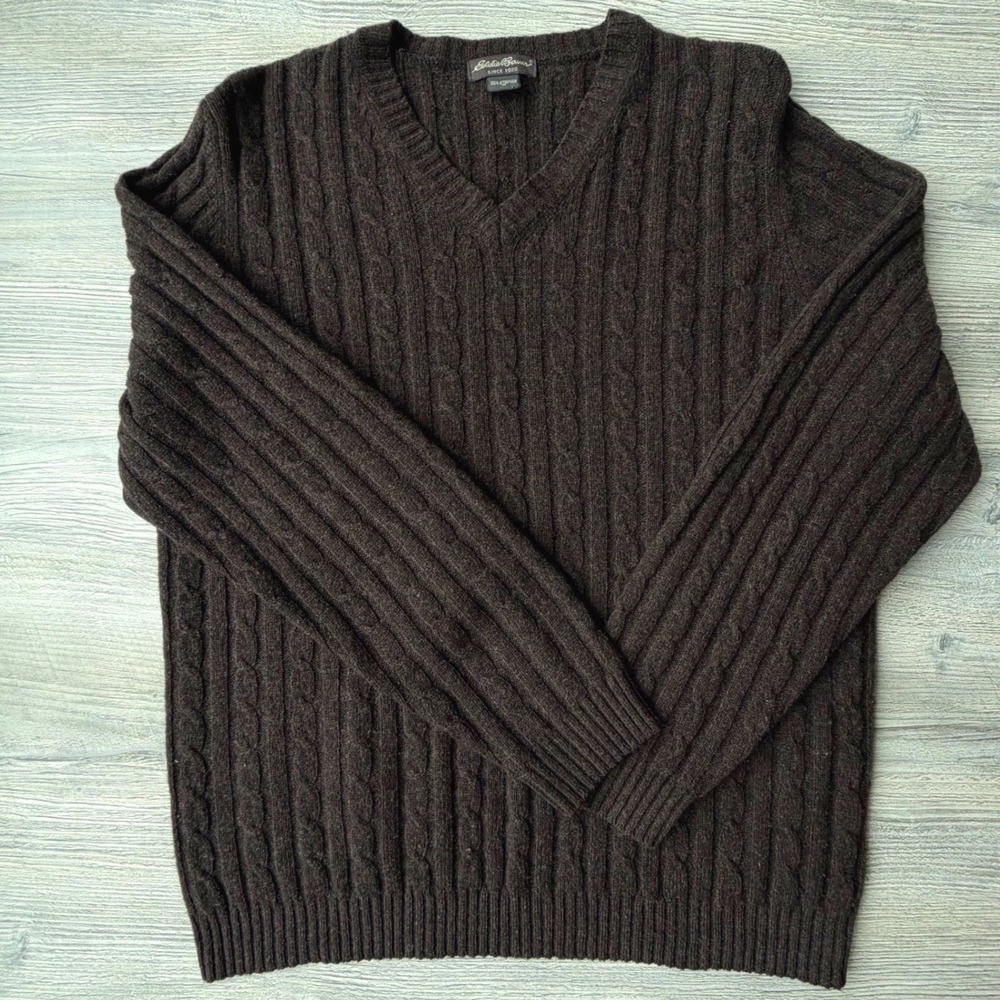 Eddie Bauer Mens Brown 100% Lambswool Cable Knit V-Neck Sweater Medium Gorpcore